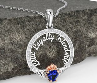 Diamond Sapphire Rose Gold Silver Irish "Love, Loyalty, & Friendship" Claddagh Necklace