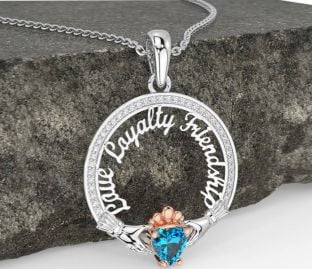 Diamond Topaz Rose Gold Silver Irish "Love, Loyalty, & Friendship" Claddagh Necklace