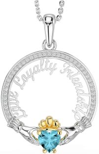 Diamond Aquamarine Gold Silver Irish "Love, Loyalty, & Friendship" Claddagh Necklace