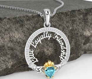 Diamond Aquamarine Gold Silver Irish "Love, Loyalty, & Friendship" Claddagh Necklace