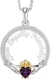 Diamond Alexandrite Gold Silver Irish "Love, Loyalty, & Friendship" Claddagh Necklace