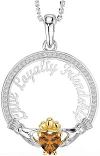 Diamond Citrine Gold Silver Irish "Love, Loyalty, & Friendship" Claddagh Necklace