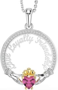 Diamond Pink Tourmaline Gold Silver Irish "Love, Loyalty, & Friendship" Claddagh Necklace