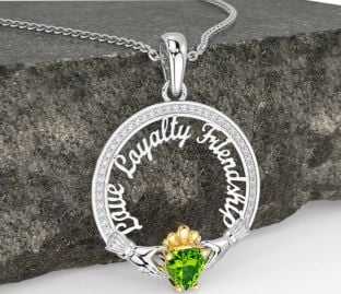 Diamond Peridot Gold Silver Irish "Love, Loyalty, & Friendship" Claddagh Necklace