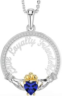 Diamond Sapphire Gold Silver Irish "Love, Loyalty, & Friendship" Claddagh Necklace
