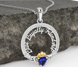 Diamond Sapphire Gold Silver Irish "Love, Loyalty, & Friendship" Claddagh Necklace