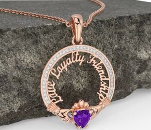 Diamond Amethyst Rose Gold Silver Irish "Love, Loyalty, & Friendship" Claddagh Necklace