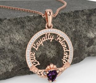 Diamond Alexandrite Rose Gold Silver Irish "Love, Loyalty, & Friendship" Claddagh Necklace