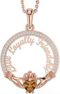 Diamond Citrine Rose Gold Silver Irish "Love, Loyalty, & Friendship" Claddagh Necklace