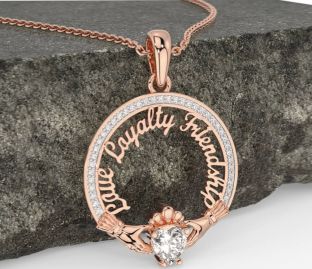 Diamond Rose Gold Silver Irish "Love, Loyalty, & Friendship" Claddagh Necklace