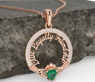 Diamond Emerald Rose Gold Silver Irish "Love, Loyalty, & Friendship" Claddagh Necklace