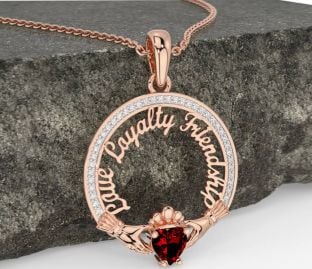 Diamond Garnet Rose Gold Silver Irish "Love, Loyalty, & Friendship" Claddagh Necklace
