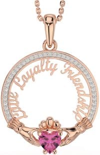 Diamond Pink Tourmaline Rose Gold Silver Irish "Love, Loyalty, & Friendship" Claddagh Necklace