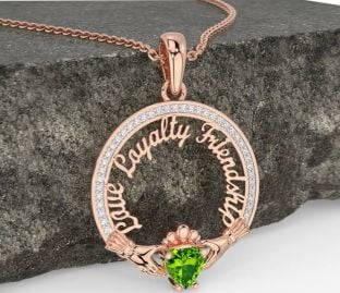 Diamond Peridot Rose Gold Silver Irish "Love, Loyalty, & Friendship" Claddagh Necklace