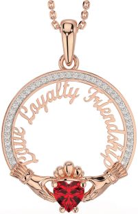Diamond Ruby Rose Gold Silver Irish "Love, Loyalty, & Friendship" Claddagh Necklace