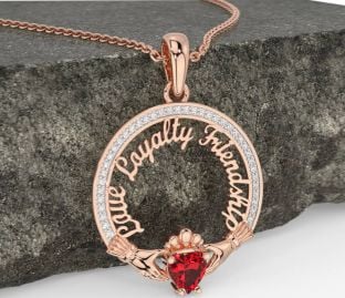 Diamond Ruby Rose Gold Silver Irish "Love, Loyalty, & Friendship" Claddagh Necklace