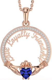 Diamond Sapphire Rose Gold Silver Irish "Love, Loyalty, & Friendship" Claddagh Necklace