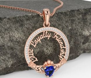 Diamond Sapphire Rose Gold Silver Irish "Love, Loyalty, & Friendship" Claddagh Necklace