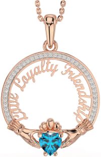 Diamond Topaz Rose Gold Silver Irish "Love, Loyalty, & Friendship" Claddagh Necklace
