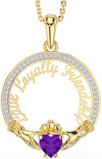 Diamond Amethyst Gold Silver Irish "Love, Loyalty, & Friendship" Claddagh Necklace