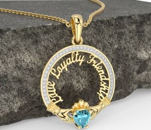 Diamond Aquamarine Gold Silver Irish "Love, Loyalty, & Friendship" Claddagh Necklace