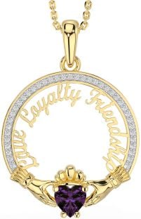 Diamond Alexandrite Gold Silver Irish "Love, Loyalty, & Friendship" Claddagh Necklace