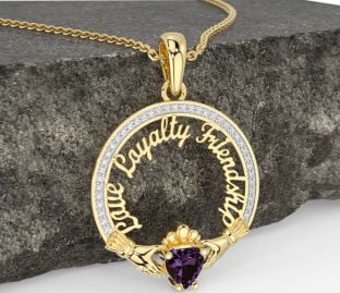 Diamond Alexandrite Gold Silver Irish "Love, Loyalty, & Friendship" Claddagh Necklace