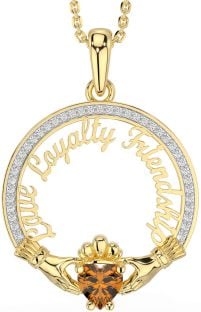 Diamond Citrine Gold Silver Irish "Love, Loyalty, & Friendship" Claddagh Necklace