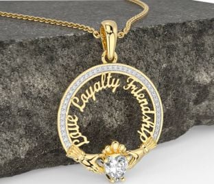 Diamond Gold Silver Irish "Love, Loyalty, & Friendship" Claddagh Necklace