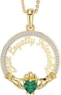 Diamond Emerald Gold Silver Irish "Love, Loyalty, & Friendship" Claddagh Necklace