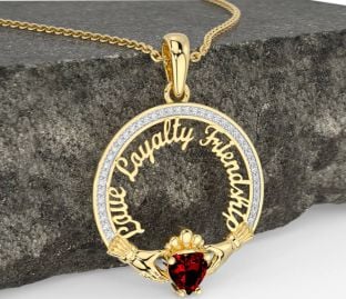 Diamond Garnet Gold Silver Irish "Love, Loyalty, & Friendship" Claddagh Necklace