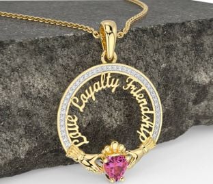 Diamond Pink Tourmaline Gold Silver Irish "Love, Loyalty, & Friendship" Claddagh Necklace