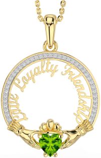 Diamond Peridot Gold Silver Irish "Love, Loyalty, & Friendship" Claddagh Necklace