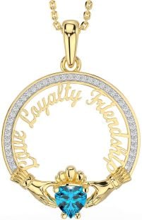 Diamond Topaz Gold Silver Irish "Love, Loyalty, & Friendship" Claddagh Necklace