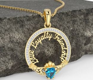 Diamond Topaz Gold Silver Irish "Love, Loyalty, & Friendship" Claddagh Necklace