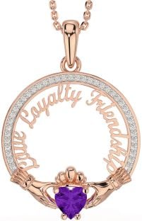 Diamond Amethyst Rose Gold Irish "Love, Loyalty, & Friendship" Claddagh Necklace