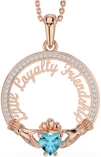 Diamond Aquamarine Rose Gold Irish "Love, Loyalty, & Friendship" Claddagh Necklace