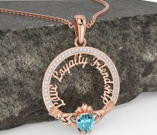 Diamond Aquamarine Rose Gold Irish "Love, Loyalty, & Friendship" Claddagh Necklace