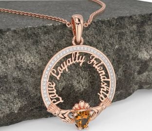 Diamond Citrine Rose Gold Irish "Love, Loyalty, & Friendship" Claddagh Necklace