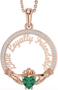 Diamond Emerald Rose Gold Irish "Love, Loyalty, & Friendship" Claddagh Necklace