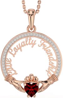 Diamond Garnet Rose Gold Irish "Love, Loyalty, & Friendship" Claddagh Necklace