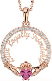 Diamond Pink Tourmaline Rose Gold Irish "Love, Loyalty, & Friendship" Claddagh Necklace