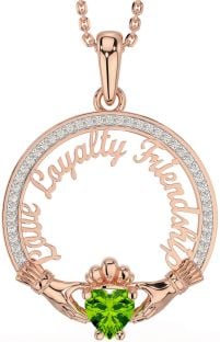 Diamond Peridot Rose Gold Irish "Love, Loyalty, & Friendship" Claddagh Necklace