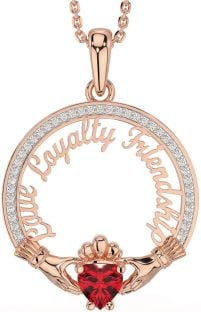 Diamond Ruby Rose Gold Irish "Love, Loyalty, & Friendship" Claddagh Necklace