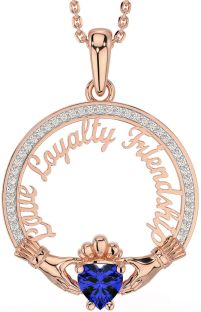Diamond Sapphire Rose Gold Irish "Love, Loyalty, & Friendship" Claddagh Necklace