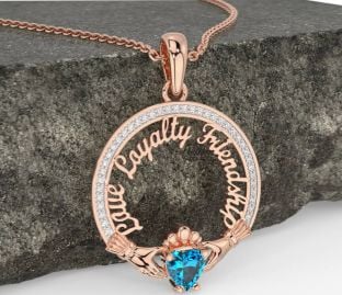 Diamond Topaz Rose Gold Irish "Love, Loyalty, & Friendship" Claddagh Necklace