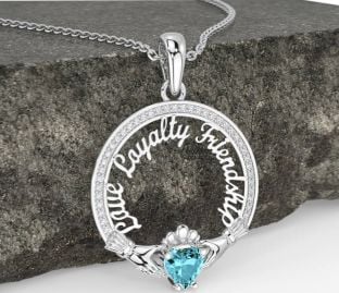 Diamond Aquamarine Silver Irish "Love, Loyalty, & Friendship" Claddagh Necklace