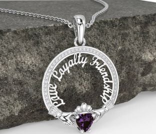 Diamond Alexandrite Silver Irish "Love, Loyalty, & Friendship" Claddagh Necklace