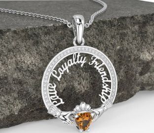 Diamond Citrine Silver Irish "Love, Loyalty, & Friendship" Claddagh Necklace