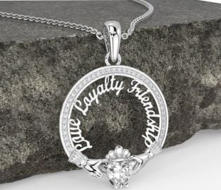 Diamond Silver Irish "Love, Loyalty, & Friendship" Claddagh Necklace